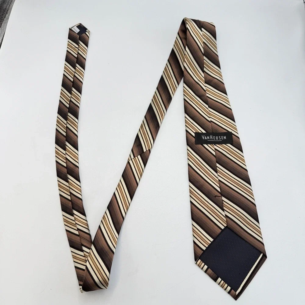 Van Heusen Mens Silk Necktie Brown Tan Cream Striped‎ Classic Business Tie